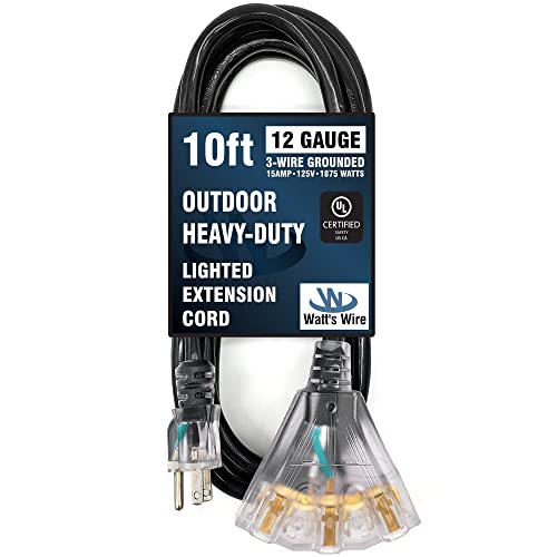 10 ft Outdoor Extension Cord Waterproof - 12 Gauge Heavy Duty Extension Cord Splitter Outdoor 10 ft - Lighted Outdoor Extension Cords with Multiple Outlets - Watts Wire - 10' Grounded - size: 10 Ft