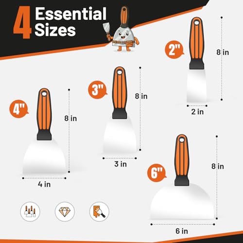 Fishark Putty Knife Set, 4 Pcs Stainless Steel Spackle Knives in 2”, 3”, 4”, 6”, Multi-Purpose Tools for Drywall Repair, Paint Scraping, Taping, Wallpaper Removal, Putty, Plaster & Adhesive - color: 2" 3" 4" 6"