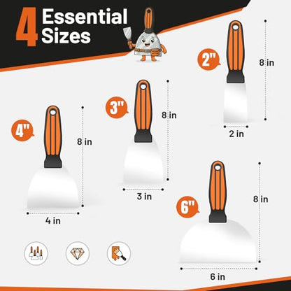 Fishark Putty Knife Set, 4 Pcs Stainless Steel Spackle Knives in 2”, 3”, 4”, 6”, Multi-Purpose Tools for Drywall Repair, Paint Scraping, Taping, Wallpaper Removal, Putty, Plaster & Adhesive - color: 2" 3" 4" 6"