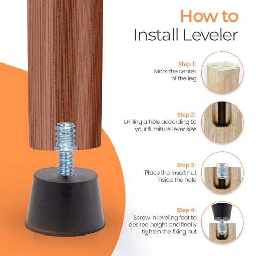 Adjustable 1/4" Rubber Threaded Furniture Levelers - 16 Pack | Screw-in Table Chair Feet Glides for Chairs, Tables, Cabinets, Patio Furniture - size: 1/4-20 Thread, 16 Pack