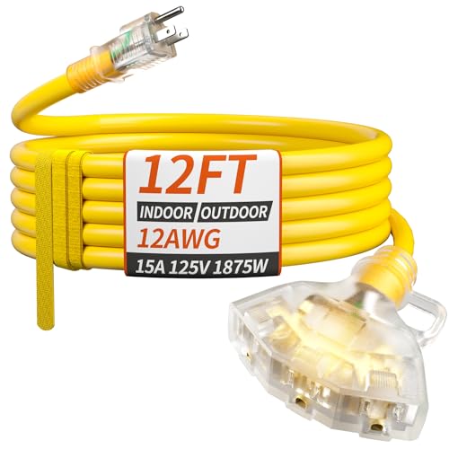 PlugSaf 12 FT 12/3 Gauge Outdoor Extension Cord with Multiple Outlets Light Indicator, Flexible 3 Outlet Weatherproof Heavy Duty Extension Cord Waterproof Yellow, 15A 1875W 12AWG SJTW, ETL Listed - size: 12 Ft