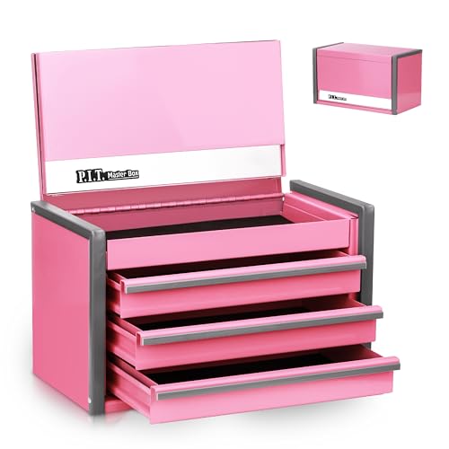 P.I.T. Mini Tool Box 8.6 Inch, Portable 3 Drawer Steel Stackable Tool Box with Magnetic Tab Locking, Pink Micro Top Chest with Liner for Tools Storage and Organizers, Home DIY - color: Pink, size: 3-Drawer