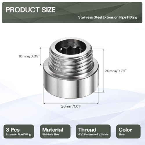 Shower Head Extension Arm, 304 Stainless Steel G1/2 Male to Female Thread 20mm/0.79" Length Extender Pipe Fitting Nipple for Showers, Faucets, and Plumbing with PTFE Thread Seal Tape 3 Pack - size: 20mm/0.79"
