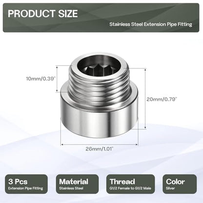 Shower Head Extension Arm, 304 Stainless Steel G1/2 Male to Female Thread 20mm/0.79" Length Extender Pipe Fitting Nipple for Showers, Faucets, and Plumbing with PTFE Thread Seal Tape 3 Pack - size: 20mm/0.79"