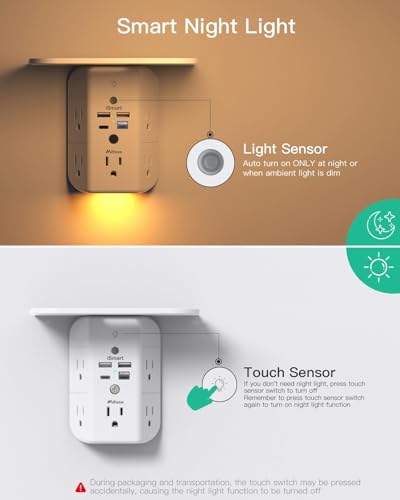 PD20W Wall Outlet Extender with Shelf & Night Light – 5 AC Outlets, 2 USB-A, 2 USB-C, 3-Sided Wide-Space Design, Surge Protector, Multi-Plug Outlet Splitter – Ideal for Home Office, College Dorm, RV - size: 2a2c&pd 20w