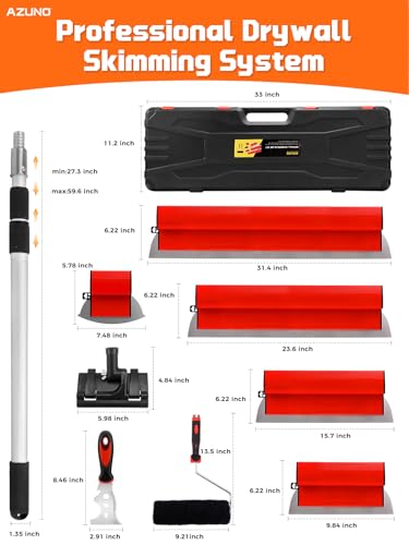 AZUNO Drywall Skimming Blade Set with Case| 10,16,24,32 Inch Stainless Steel Skimming Blades| 27"-60" Extension Handle, Compound Roller, Bucket Scoop & Putty Knife for Wall & Ceiling Finishing - size: 10+16+24+32 inch