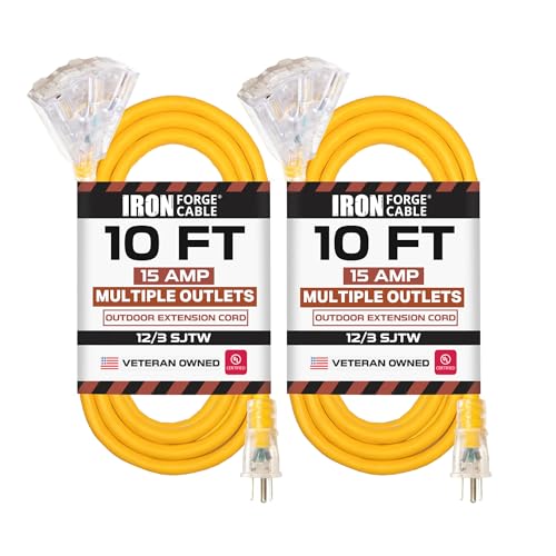 Iron Forge Cable 2 Pack 10 Foot Lighted Outdoor Extension Cord with 3 Outlets - 12/3 SJTW Heavy Duty Yellow Extension Cable 3 Prong - Multiple Outlets - size: 10 Foot, style: 2 Pack