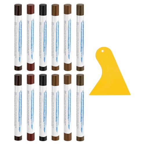 uxcell 12Pcs Wood Filler Sticks, Furniture Scratch Repair Wax Crayons Furniture Touch Up Markers Wood Repair Wax Kit with Spatula for Furniture, 12 Colors Dark & Teak Series - color: Dark Teak Series