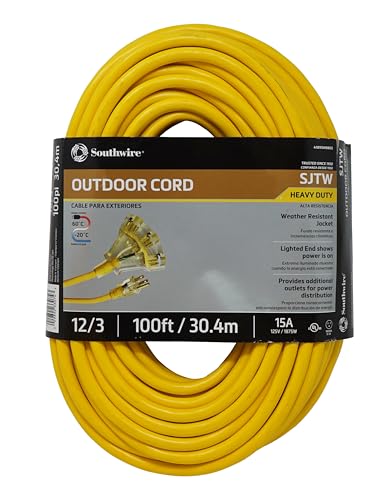 Southwire Heavy Duty Extension Cord, 100ft, 12 Gauge, 3 Conductor, General Purpose Cord, Lighted End, SJTW, Yellow, 4189SW8802