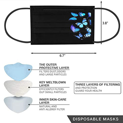 50Pcs Black Face Mask Adult Breathable Mask Butterfly Protective 3Ply Earloop Face Mask for Men Women
