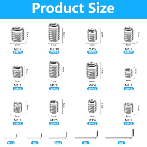 240 Pcs Set Screws Assortment Kit (M3, M4, M5, M6, M8) with Allen Keys–Durable Metric Cup Point 304 Stainless Steel for Bathroom Fixtures, Light Fixture Screws,Door Knobs, Faucets, Plumbing, and More - size: 12Size（240pcs Stainless Steel）