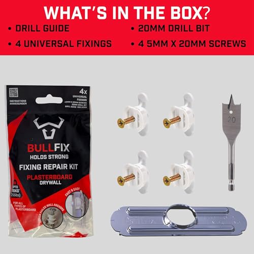 Bullfix Drywall Hole Repair Kit - Wall Fixer Hole Kit with Universal Anchors & Screws for Cavity Walls, Stud & Dot Dab, Supports Up to 255 lbs, Dry Wall Repair Kits with Drill Bit & Guide - 4 Pack