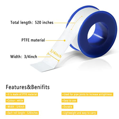VOTMELL 4 Rolls 3/4 Inch(W) X 520 Inches(L) Teflon Tape for Plumbers, PTFE Thread Seal, Pipe Sealing, Shower Head - White