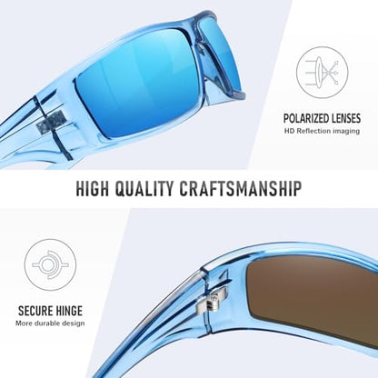 Polarized Sports Sunglasses for Men Women Unbreakable Frame Cycling Fishing Wrap Around Sunglasses UV400 Protection - color: 1-clear Blue Frame/Blue Mirror Lens