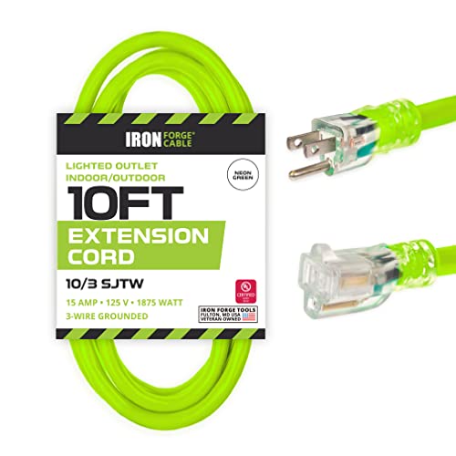 Iron Forge Cable 10 Gauge Extension Cord 10 ft, 10/3 Heavy Duty Extension Cord 3 Prong Lighted End, SJTW Weatherproof Light Green Outdoor Power Cable for Major Appliances, 15 AMP - color: Neon Green, size: 10 Foot