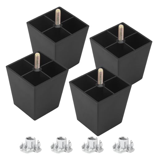 Luomorgo 4 Pcs 3 Inch Plastic Table Legs, Black Tapered Furniture Legs, Square Sofa Replacement Legs M8 Threaded with T-Nuts, Heavy Duty Furniture Legs for Couch, Cabinets, Dressers, Chair - color: Square Tapered, size: 3 Inch