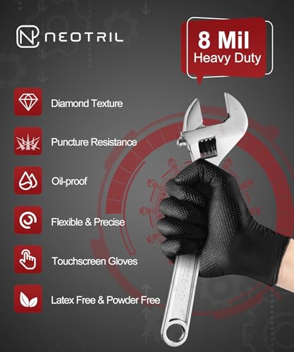 NEOTRIL 8 Mil Heavy Duty Disposable Nitrile Gloves with Diamond Texture Grip Rubber Gloves Latex & Powder Free - color: Box of 50 / Black, size: Medium
