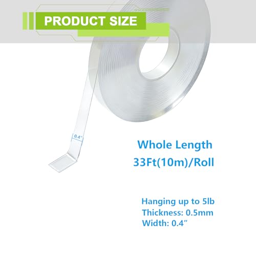 Double Sided Tape 33Ft(10m), Nano Clear Heavy Duty Mounting Tape, 0.4" Wide Reusable Washable Adhesive Strips for Walls, Car, Home, Phone Holder - No Residue & Strong Sticky