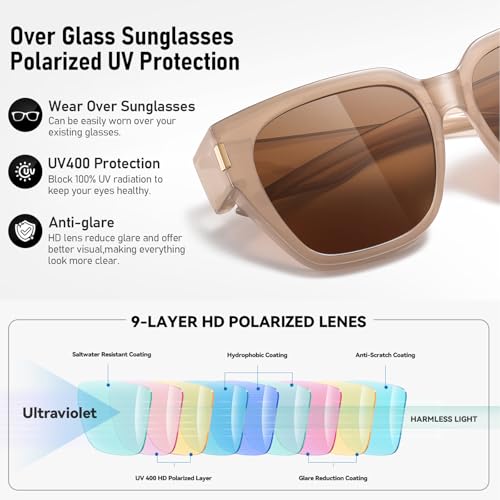 HAOLOTA Polarized Fit Over Glasses Sunglasses for Women Men Trendy Square Wrap Around Shades UV Protection - color: L Size 06 Cream Brown/Brown