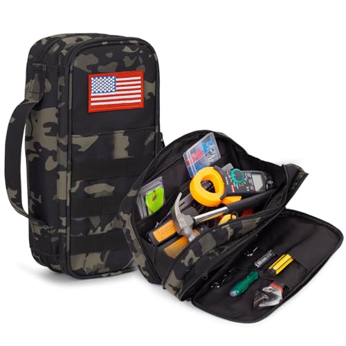 Tactical Tool Bag for Men,Wide Mouth Tool Pouch with Water-Resistant, Multi-purpose Range Bags with Zipper Handle,Heavy Duty Small Tool box organizer for Repairman, Carpenters, Handyman - color: Camo Black