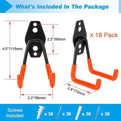 18 Pack Garage Hooks Heavy Duty - Supports 100 lbs, Utility Steel Garage Hanger & Organizer for Organizing Garden Lawn Tools, Ladders, Garden Hose, Digging Shovel, Bikes, Ropes (Orange) - size: 18 Pack