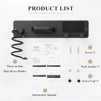 BSICPRO Hair Dryer Holder-3 in 1 Blow Dryer Holder-Metal Bathroom Hair Tool Organizer Wall Mounted-Bathroom Organizer for Hairdryer Curling Iron Flat Iron (Black) - color: Black