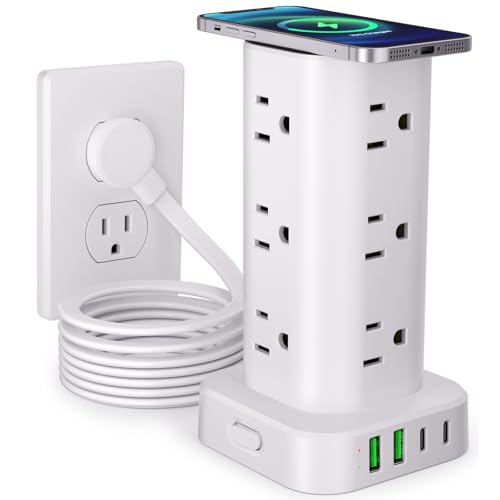 Power Strip with Wireless Charger, Flat Plug Surge Protector with 10FT Extension Cord, 12 AC Multiple Outlets, 4 USB (2 USB C), 15W Wireless Charging Power Tower for Home Office Dorm, White - color: White, size: 10FT with Wireless Charging