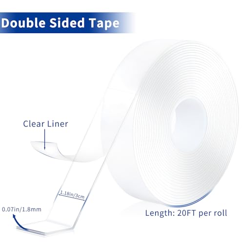 Double Sided Tape Heavy Duty 2 Rolls Nano Tape (Total 40 Feet) for Poster Carpet Picture Hanging Strip Rug Strong Adhesive Multipurpose Clear Mounting Two Stick Sided DIY Tape - size: 40FT