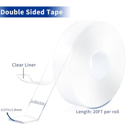 Double Sided Tape Heavy Duty 2 Rolls Nano Tape (Total 40 Feet) for Poster Carpet Picture Hanging Strip Rug Strong Adhesive Multipurpose Clear Mounting Two Stick Sided DIY Tape - size: 40FT