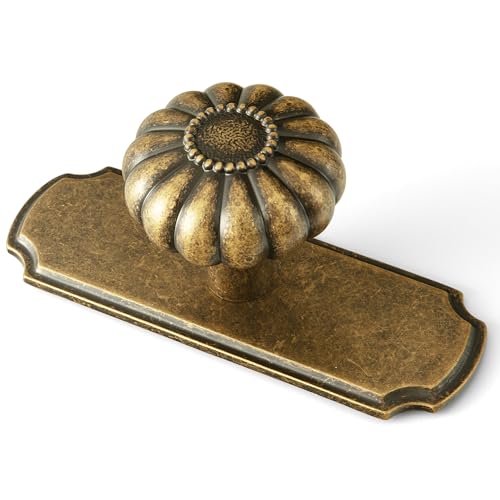 Antique Brass Cabinet Knobs with Backplate, Vintage Oversized Solid Zinc Alloy Pumpkin Drawer Pulls for Large Dresser & Wardrobe, Heavy Duty Rustic Hardware, [Set of 6] - color: Antique Brass, size: Oversized Knob