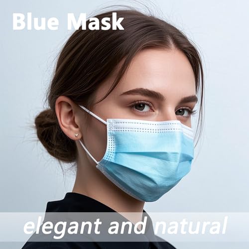 50pcs Blue Disposable Face Mask for Adults Women Men, 3-Ply Solid Blue Breathable Earloop Full Face Protection