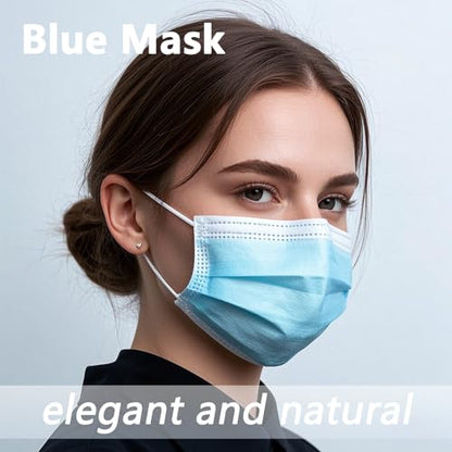 50pcs Blue Disposable Face Mask for Adults Women Men, 3-Ply Solid Blue Breathable Earloop Full Face Protection