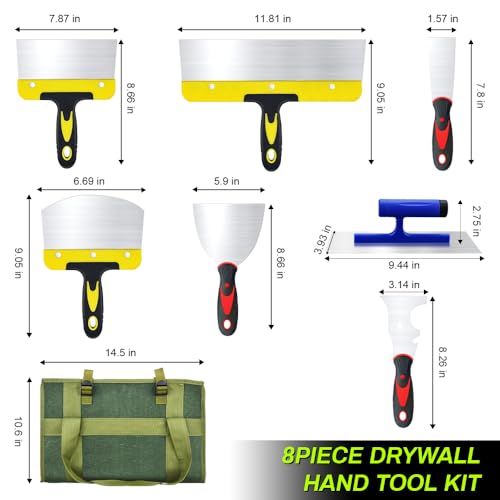 Drywall Knife Set, 8 Pieces Stainless Steel Drywall Hand Tool Kit Includes Taping Knife, Putty Knives, Finishing Trowel, Paint Scraper, Yellow handbag