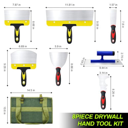 Drywall Knife Set, 8 Pieces Stainless Steel Drywall Hand Tool Kit Includes Taping Knife, Putty Knives, Finishing Trowel, Paint Scraper, Yellow handbag