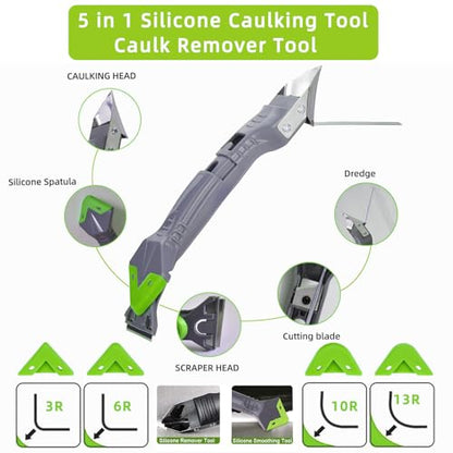 Variety Caulking Tool Kit, 2 Gray Silicone Sealant, Hand Caulking Guns and 5 in 1 Scraper/Smoothing Tool, Sandpaper, Gloves and Masking Tape, with All-Purpose 100% Silicone Caulk 20.2 Oz