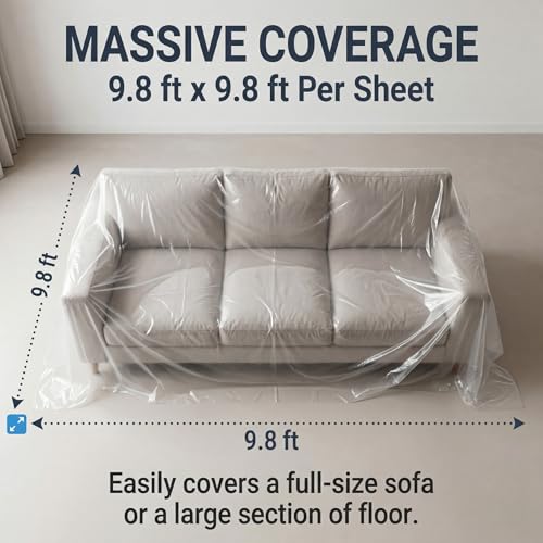 RAINFLOW Plastic Sheeting Heavy Duty - 6 PCS Disposable Clear Tarp Waterproof 0.4 Mil 9.8 X 9.8 Ft Dust Cover for Furniture, Couch and Floor Protection During Painting Lightweight Anti-Dust Cover