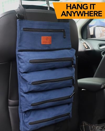 Roll Up Tool Bag, 16OZ Canvas Wrench Roll Up Pouch Multi-Purpose Tool Roll Organize, 5 Zippered Tool Pockets (Blue) - color: Blue, size: 5 Zipper Pockets
