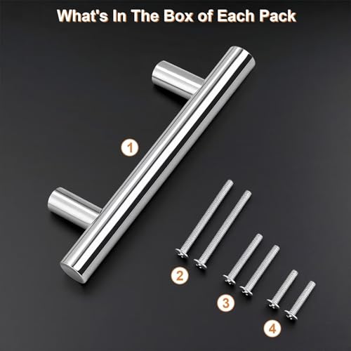 Probrico 5 Pack Hole Centers (76mm) 3inch Polished Chrome Kitchen Cabinet Handles Stainless Steel Polished Chrome Cabinet Pulls Euro Style Pull Handle for Cabinets and Drawers Total Length 5inch - color: Polished Chrome, size: Hole Centers: 3"