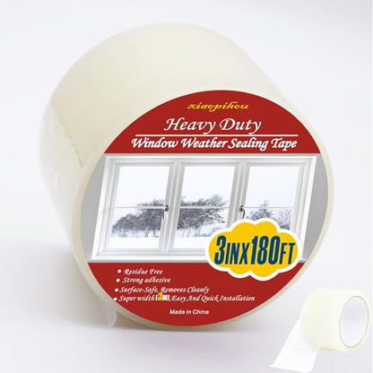 Transparent Window Weather Sealing Tape, 3-Inch x 180FT, Clear Window Draft Isolation Sealing Film Tape-Clear Draft Stopper Adhesive Tape for Doors, Windows and Shower Glass Gaps (3-Inch x 180FT) - size: 3-Inch x 180FT