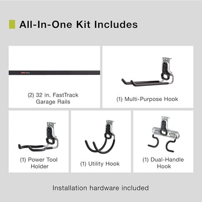 Rubbermaid FastTrack Garage Storage System Tool Hanging Kit, Wall Mount Holder for Garden Lawn Tools/Garage/Home Organization - size: 2 Rails, 4 Hooks