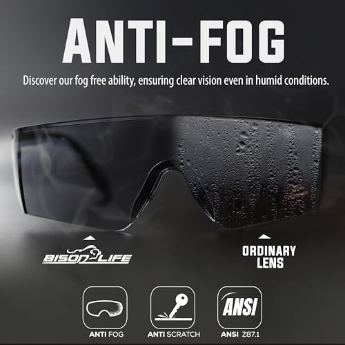 BISON LIFE Anti Fog Safety Glasses with Adjustable Temple & Side Protection, Wraparound Anti-Scratch Lens, Black Lens & Black Temple, Mowing, Gardening, Outdoor Sports & More (Pack of 3) - color: Black
