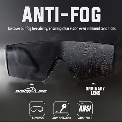 BISON LIFE Anti Fog Safety Glasses with Adjustable Temple & Side Protection, Wraparound Anti-Scratch Lens, Black Lens & Black Temple, Mowing, Gardening, Outdoor Sports & More (Pack of 3) - color: Black