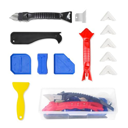 Stainless Silicone Caulking Tools Kit,Set of 13pcs Sealant Finishing Tool Grout Scraper,Putty Knives,5 Silicone Pads,Sink Joint Caulk Remover with 3pcs Glass Glue Angle Scraper