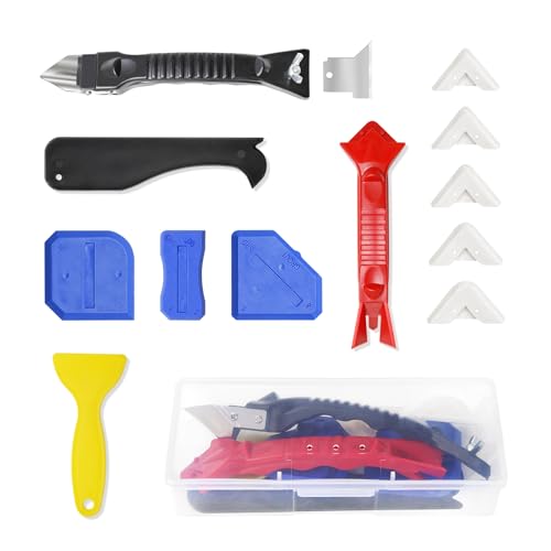 Stainless Silicone Caulking Tools Kit,Set of 13pcs Sealant Finishing Tool Grout Scraper,Putty Knives,5 Silicone Pads,Sink Joint Caulk Remover with 3pcs Glass Glue Angle Scraper