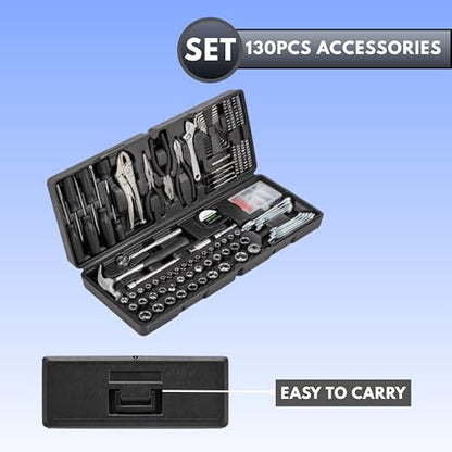 130-Piece Multiple Tool Set with Case – Household Hand Tools Kit for Home, Garage, DIY, Repair & Maintenance – Wrenches, Sockets, Screwdrivers, Pliers, Hex Keys with Handy Carry Organizer