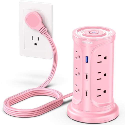 Tower Power Strip Surge Protector with 12 Outlets 3 USB Ports(2 Type C), 6.5 FT Ultra Flat Extension Cord with Multiple Outlets, Flat Plug Outlet Extender with Screw Wall Mount for Home Office Dorm - color: Pink+3USB+6.5FT, size: 6.5 Ft