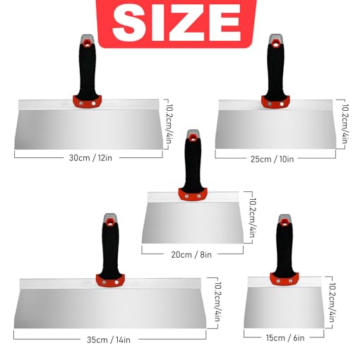 Drywall Knife 5pcs/Set, Stainless Steel Taping Knives Kit Includes 6'', 8'', 10'', 12'', 14'' Tools, Perfect for Drywall Joint Taping, Finishing & Patching - color: Black - C Set