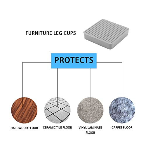 Non Slip Furniture Pads, SAFYY Square Rubber Anti Skid Caster Cups Leg Coasters, Couch, Chair, Feet, and Bed Stoppers with Anti-Sliding Floor Grip, Furniture Floor Protectors - size: 3'' Grey 4 Pack