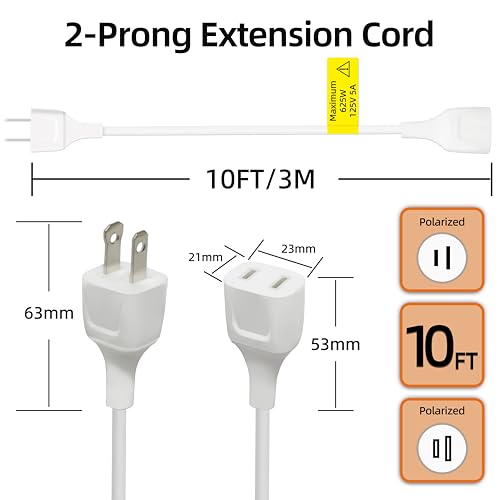 White Extension Cord 10FT (3m) Thin Flexible Light Duty for Indoor Use 625W 125V 5A 2 Prong Power Cable Plug Ideal for Heather, Humidifier, Holiday Lights, Lamps, Security Cameras, Appliance (1 Pack) - size: 10FT White (1 Pack)