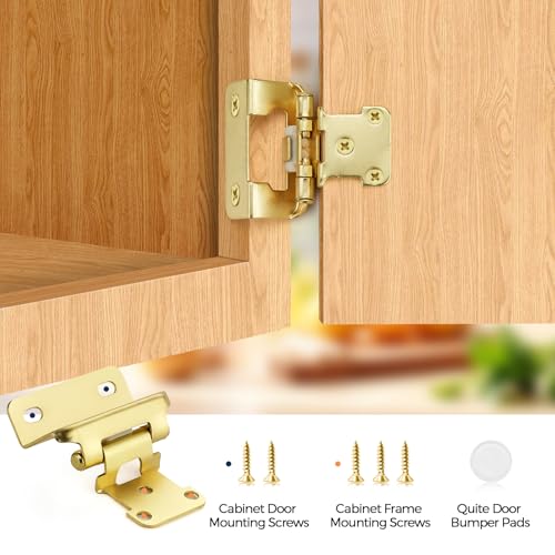 4 Pack (2 Pairs) 1/2" Overlay Cabinet Hinges, Gold Self-Closing Semi-Concealed Partial Wrap Face Frame Hinges for Cabinet Doors - color: Gold